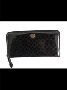 Coach Black Patent Signature Zip-Around Wallet with Heart Emblem